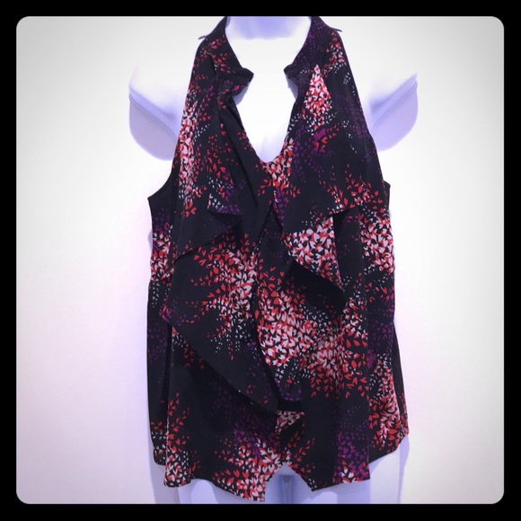 Silk Sleeveless Keyhole Tank with Ruffles - Picture 2 of 4